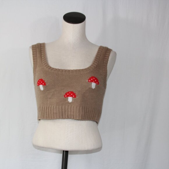 Hazel Moon Women's Cropped Sweater Vest Mushrooms Size M Boho Festival Layered - Picture 2 of 7